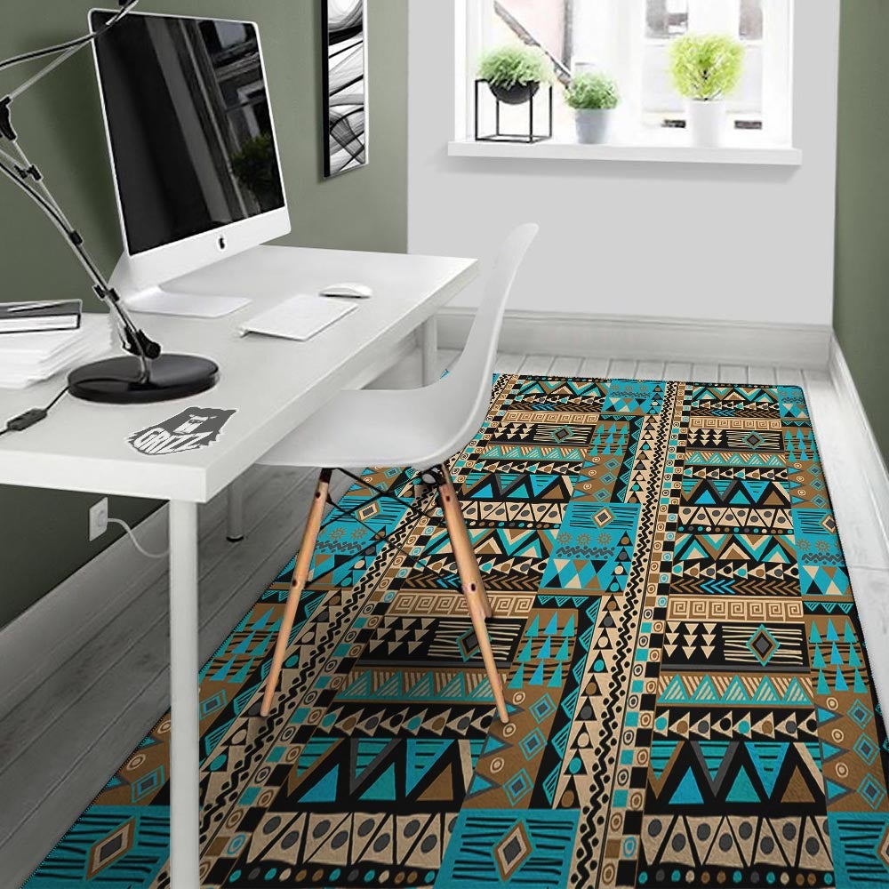 Aztec Brown And Teal Print Pattern Floor Mat-grizzshop