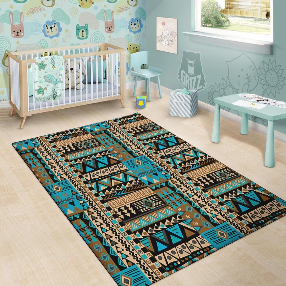Aztec Brown And Teal Print Pattern Floor Mat-grizzshop