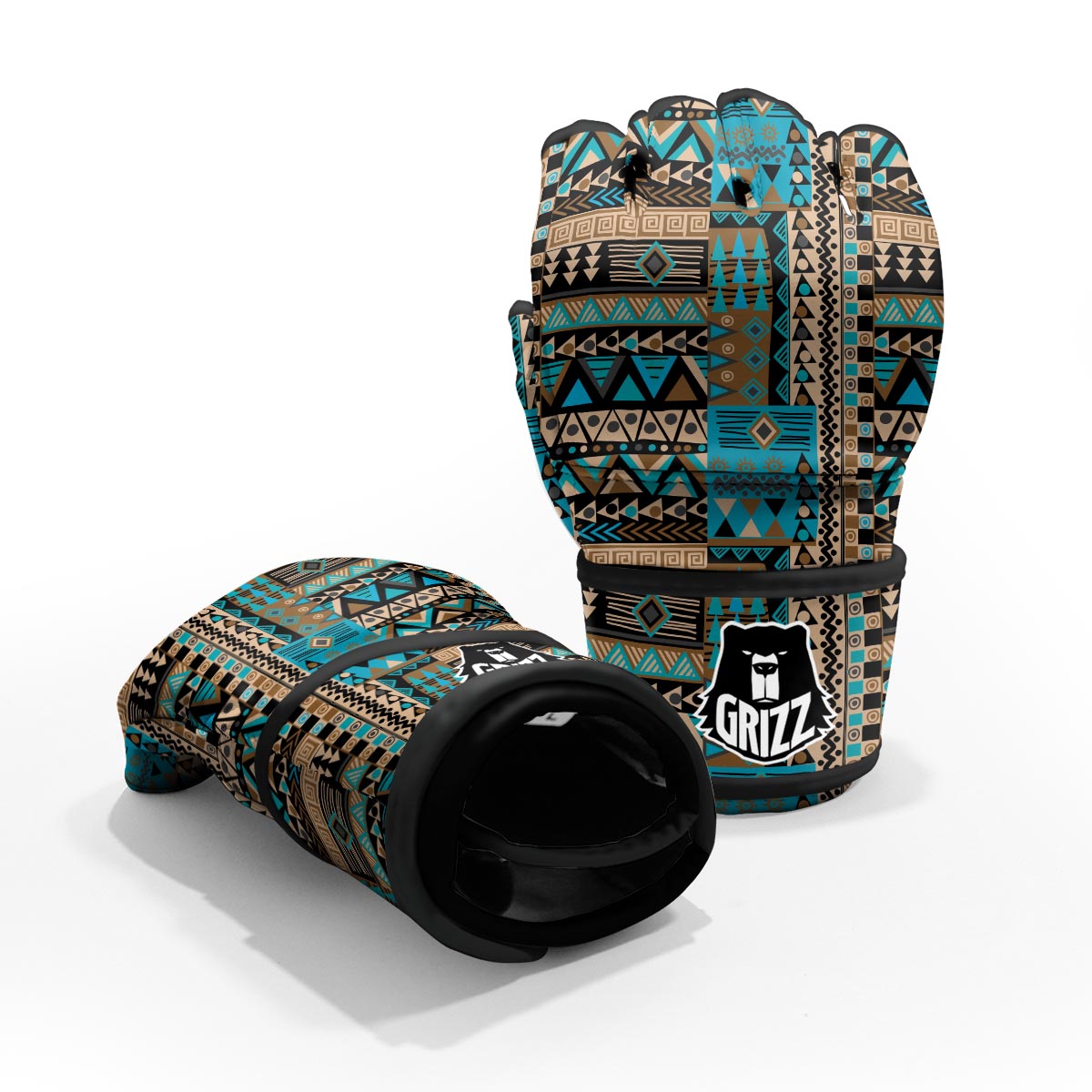 Aztec Brown And Teal Print Pattern MMA Gloves-grizzshop