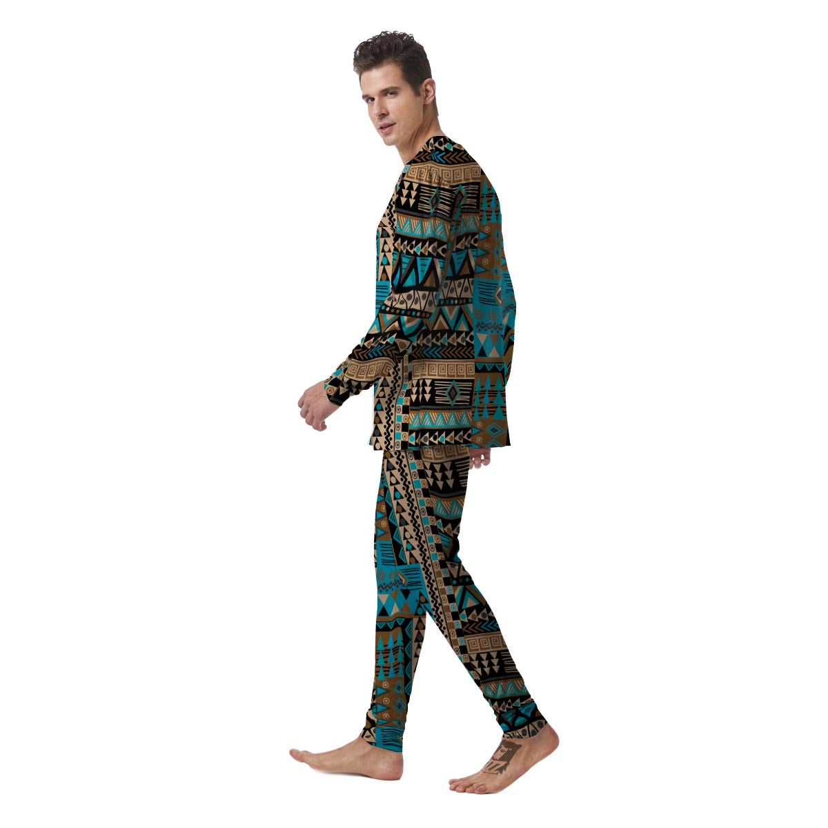 Aztec Brown And Teal Print Pattern Men's Pajamas-grizzshop