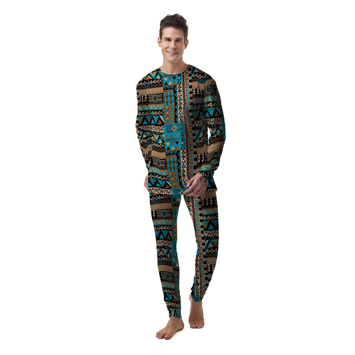 Aztec Brown And Teal Print Pattern Men's Pajamas-grizzshop