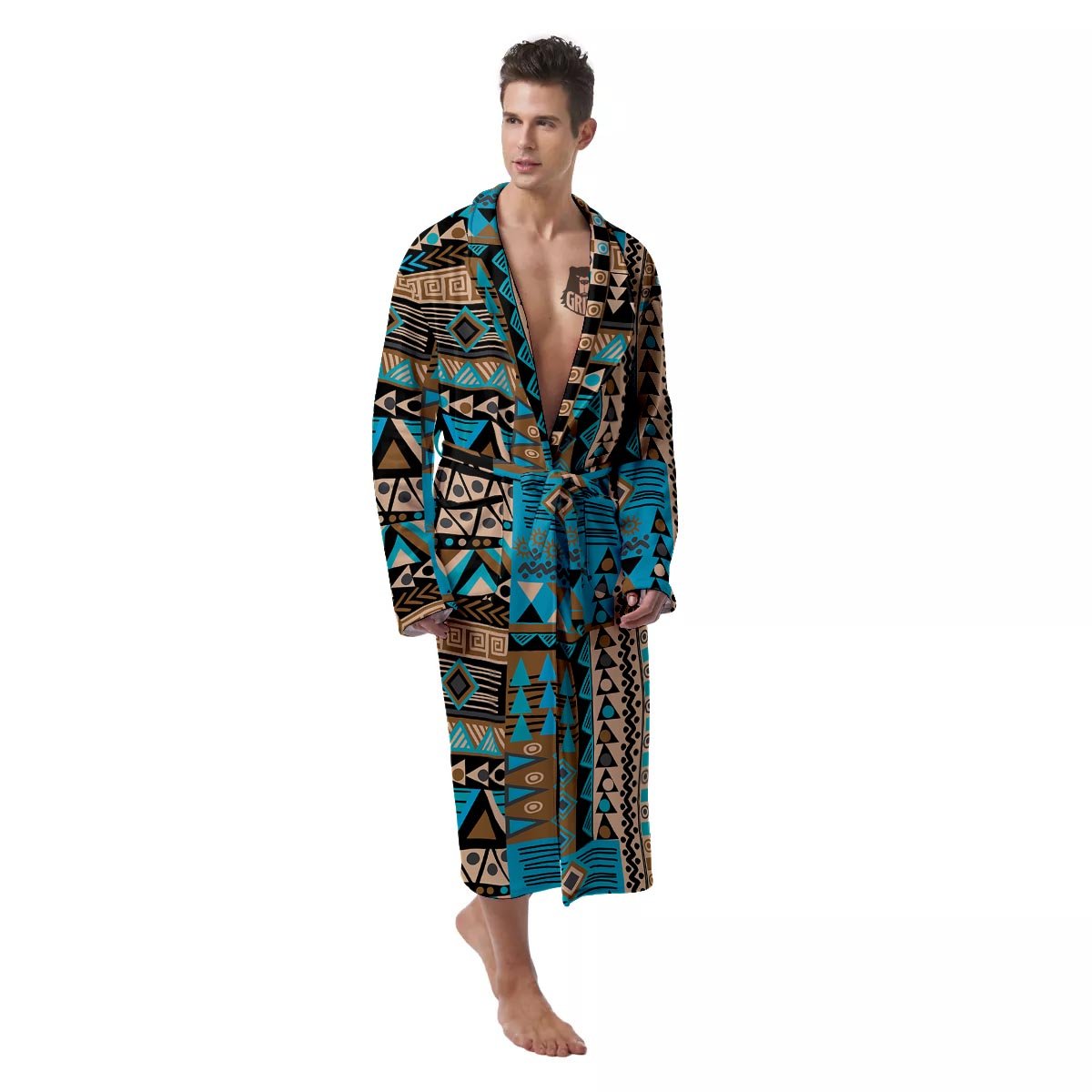 Aztec Brown And Teal Print Pattern Men's Robe-grizzshop