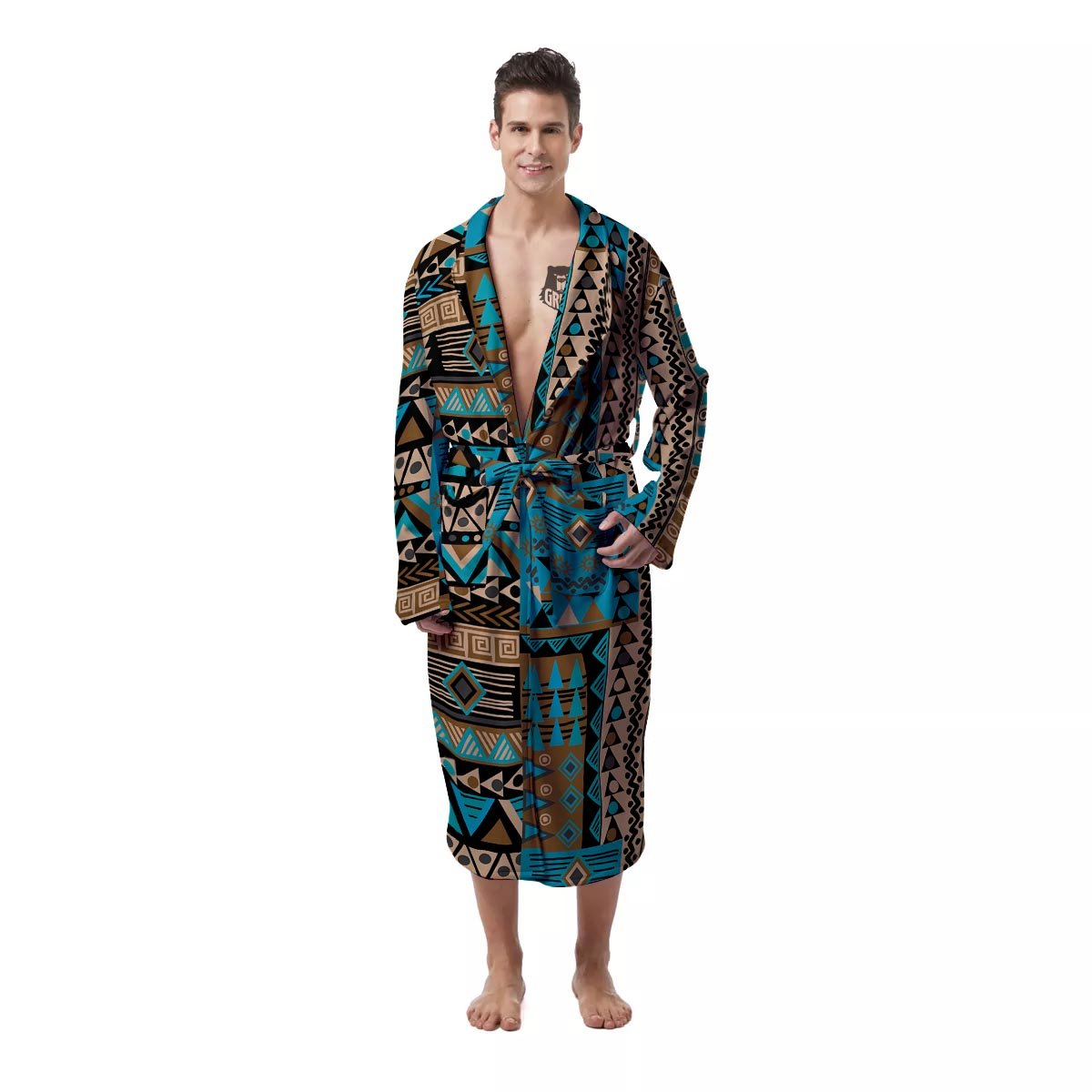 Aztec Brown And Teal Print Pattern Men's Robe-grizzshop