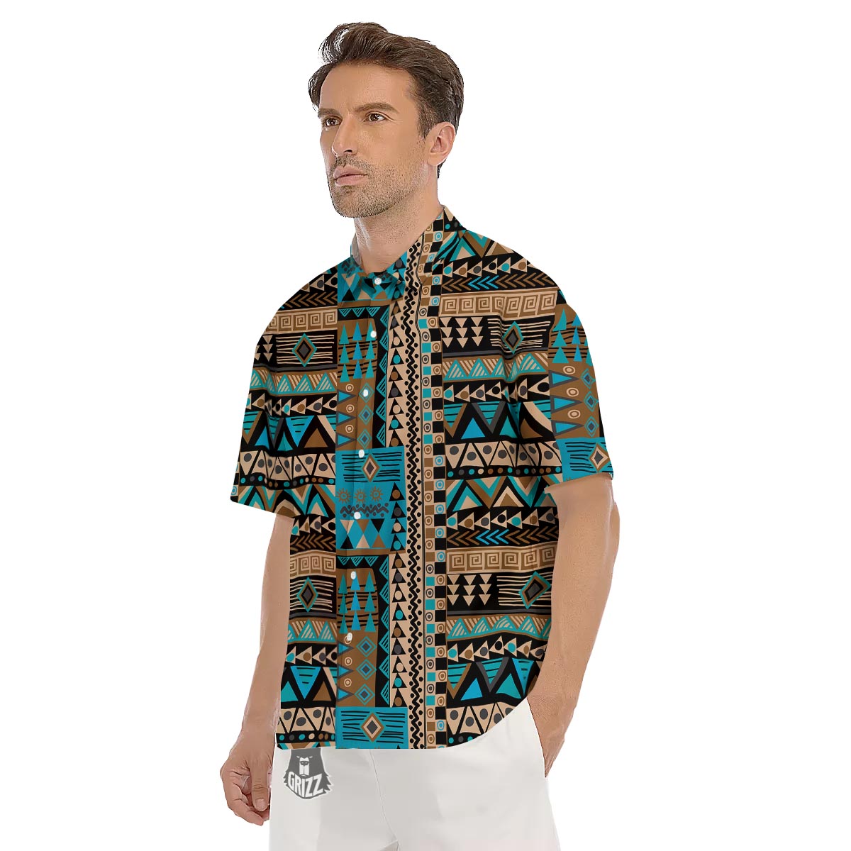 Aztec Brown And Teal Print Pattern Men's Short Sleeve Shirts-grizzshop