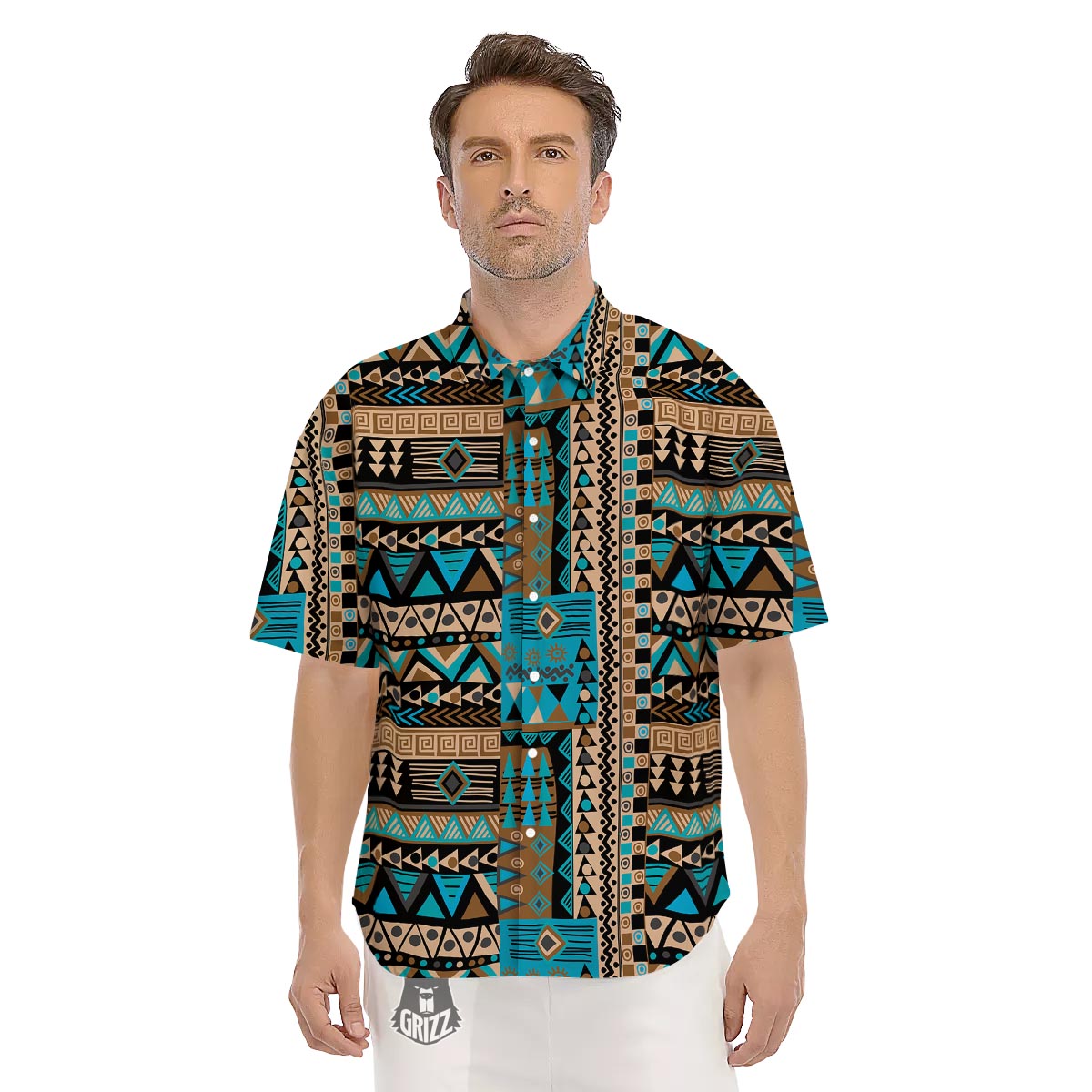 Aztec Brown And Teal Print Pattern Men's Short Sleeve Shirts-grizzshop