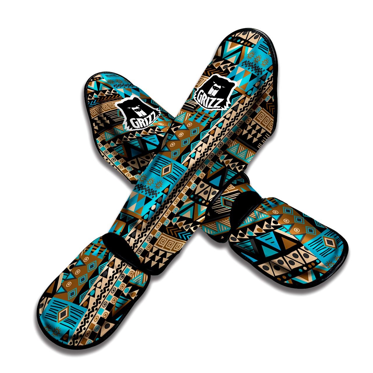 Aztec Brown And Teal Print Pattern Muay Thai Shin Guards-grizzshop