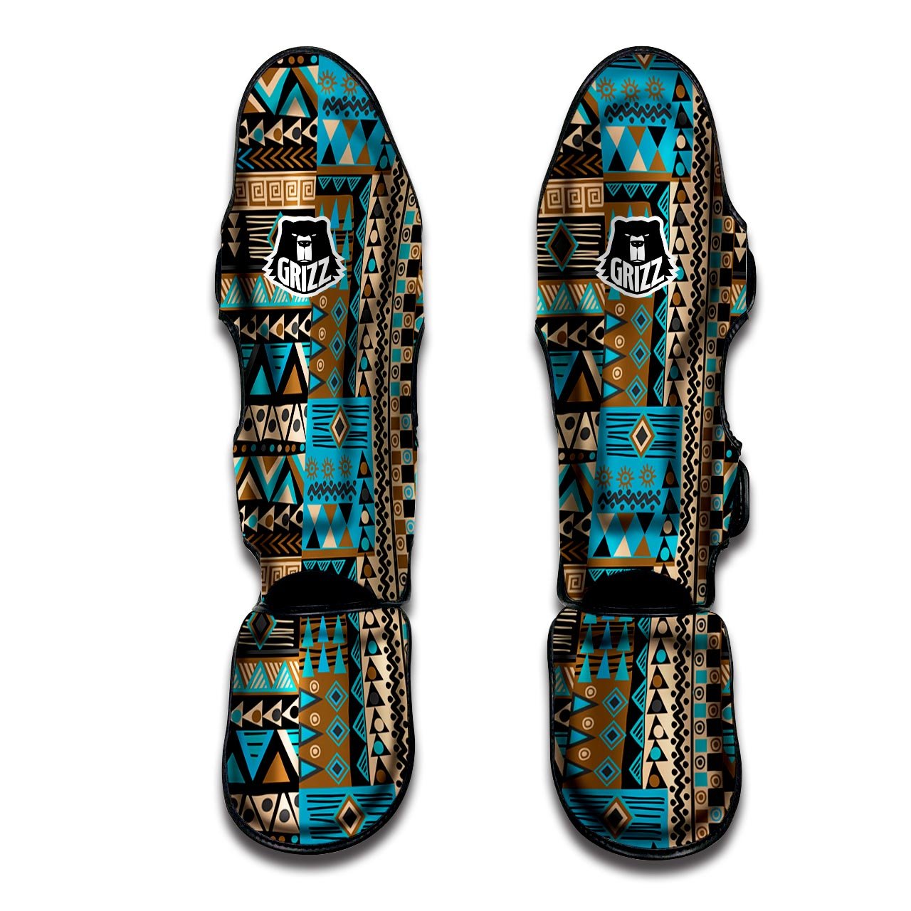 Aztec Brown And Teal Print Pattern Muay Thai Shin Guards-grizzshop