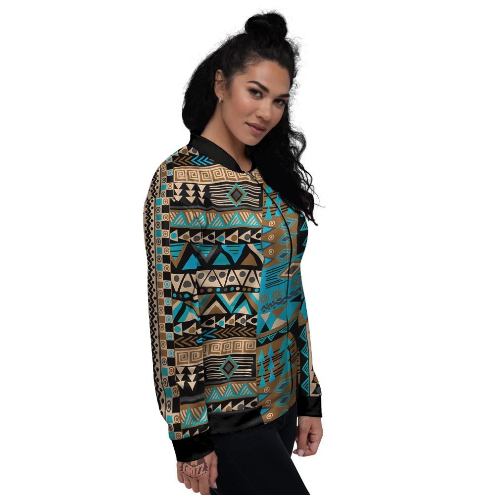 Aztec Brown And Teal Print Pattern Women's Bomber Jacket-grizzshop