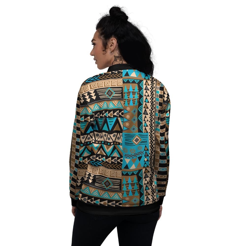 Aztec Brown And Teal Print Pattern Women's Bomber Jacket-grizzshop