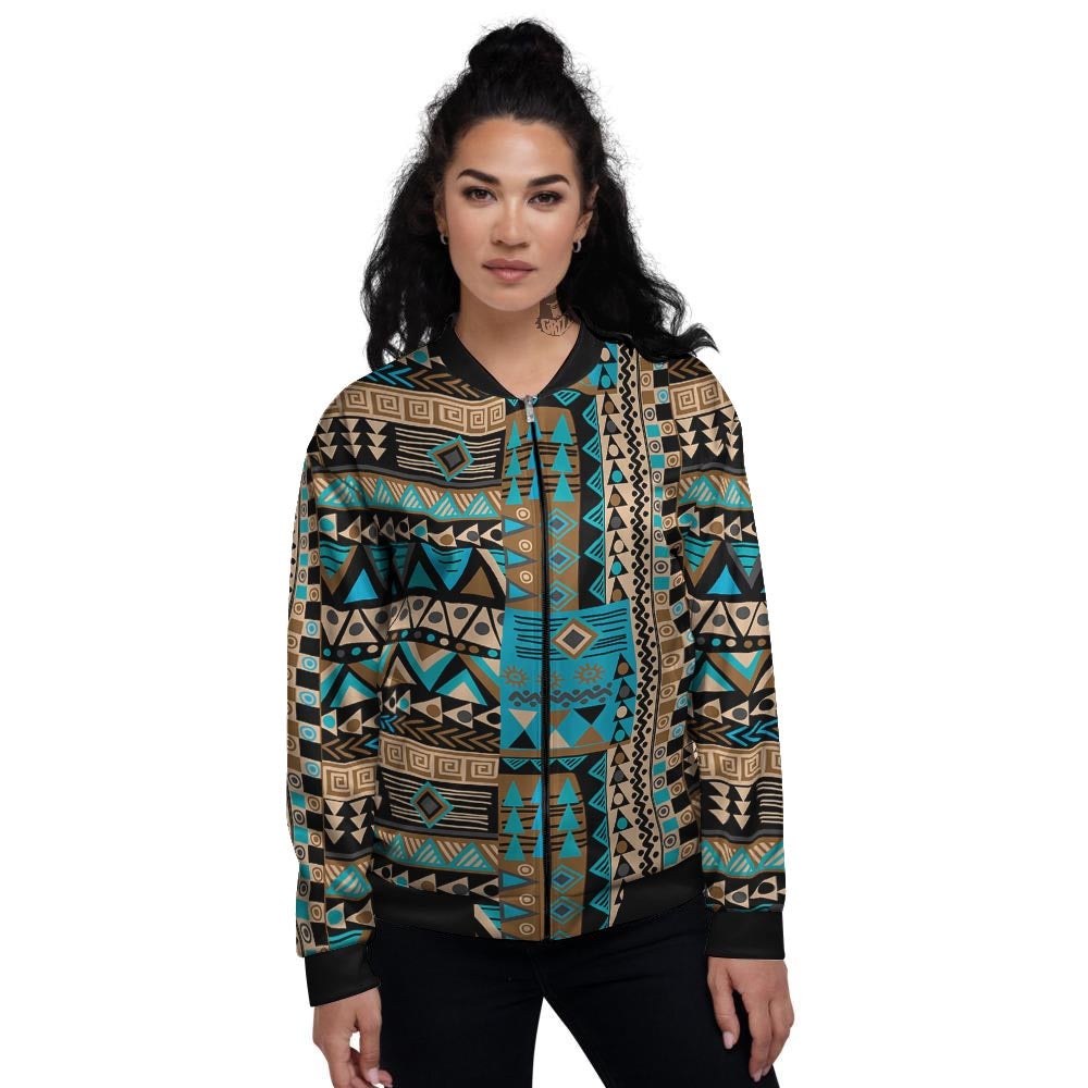 Aztec Brown And Teal Print Pattern Women's Bomber Jacket-grizzshop