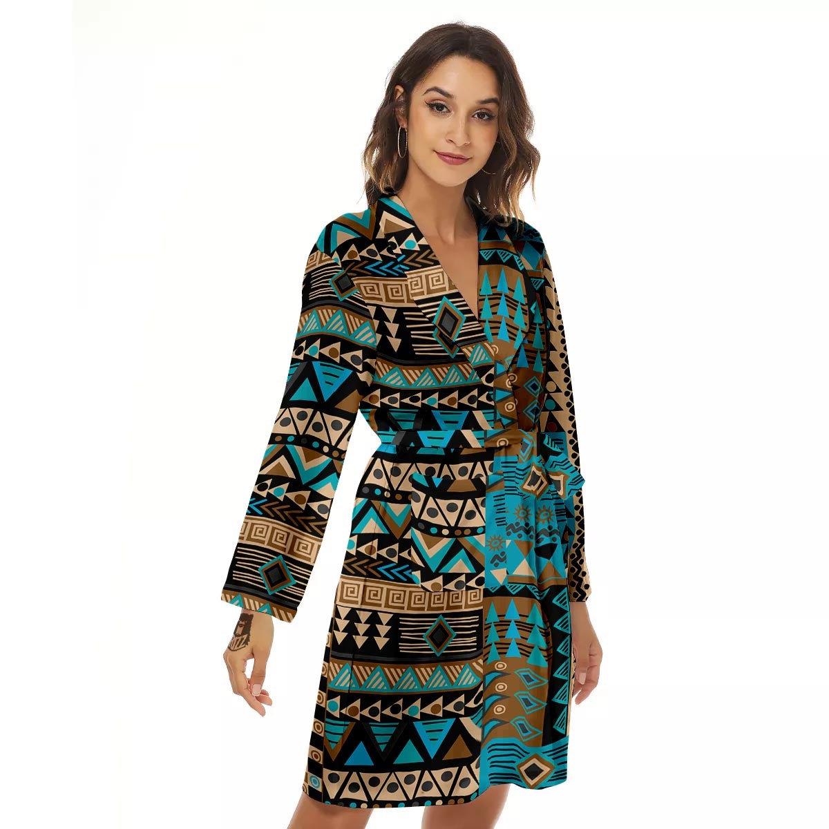 Aztec Brown And Teal Print Pattern Women's Robe-grizzshop