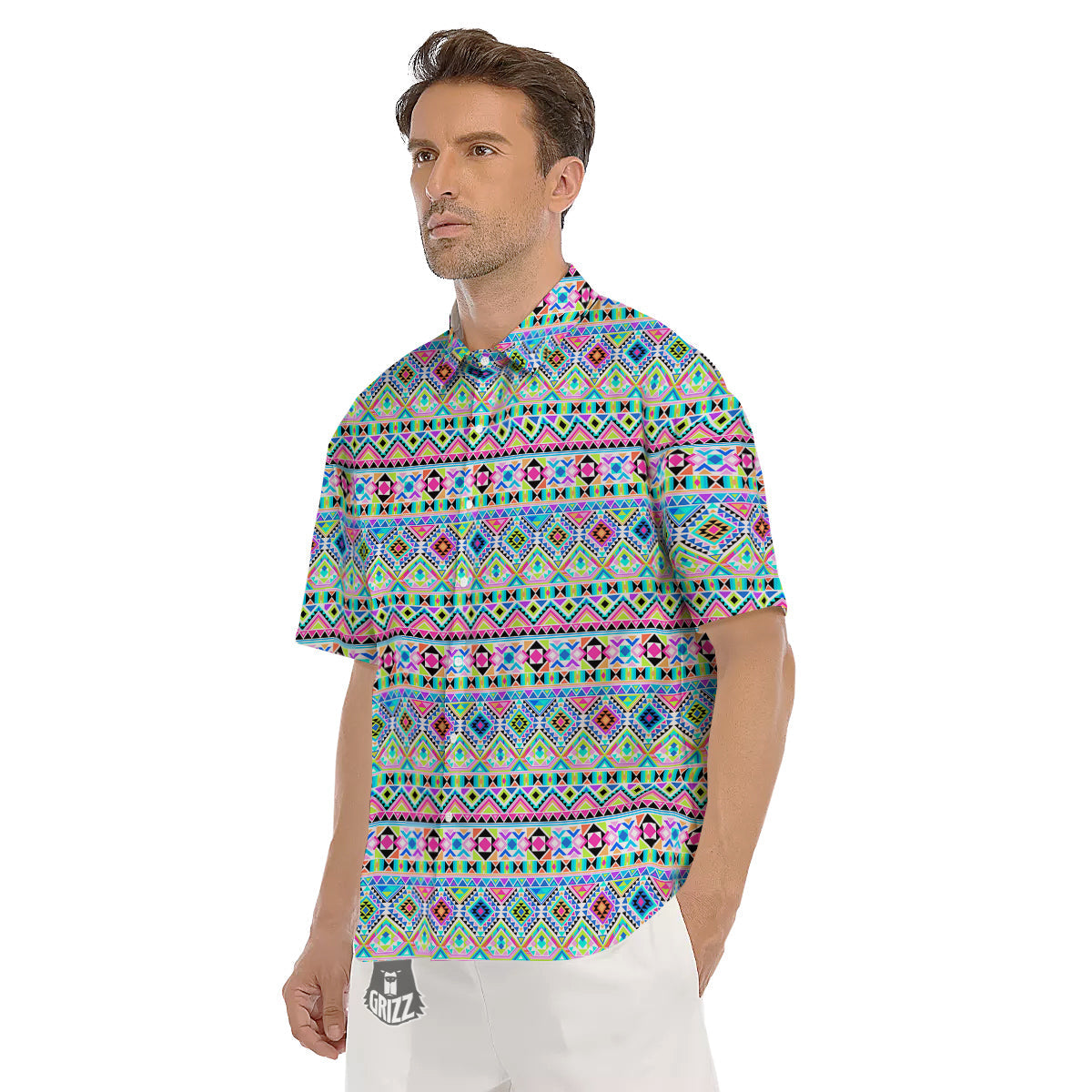 Aztec Colorful Print Pattern Men's Short Sleeve Shirts-grizzshop