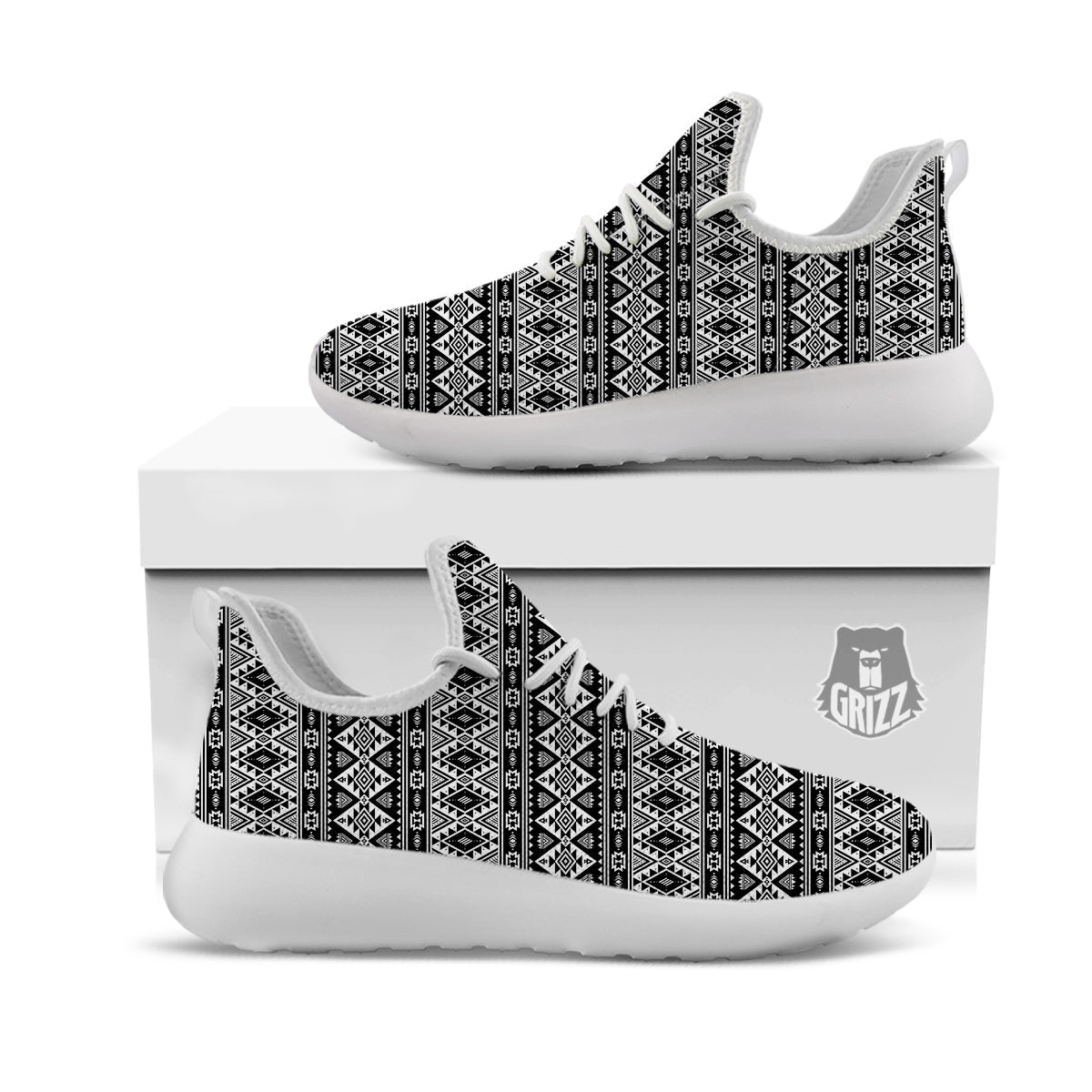 Aztec Dark Grey Print Pattern White Athletic Shoes-grizzshop