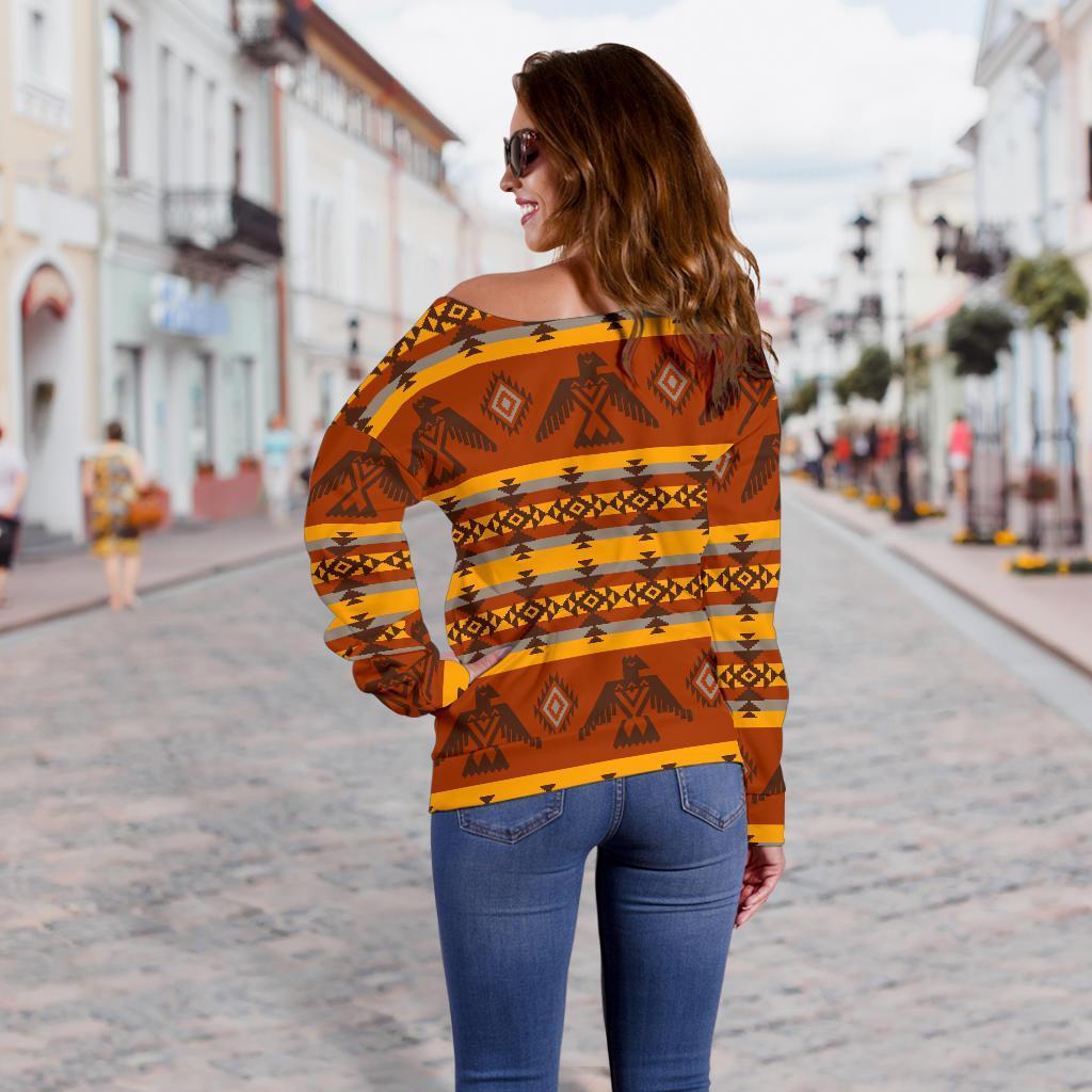 Aztec Eagle Pattern Print Women Off Shoulder Sweatshirt-grizzshop