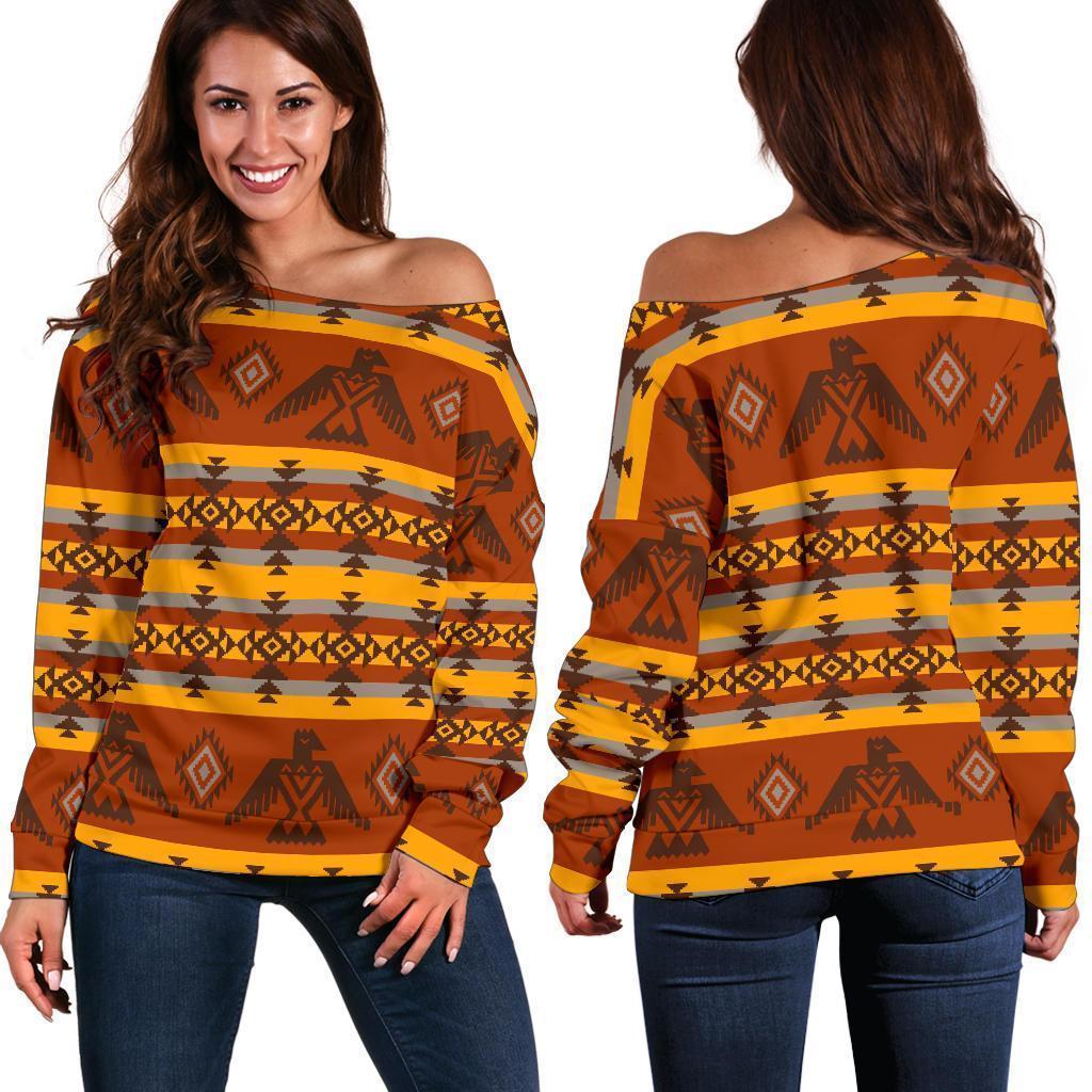 Aztec Eagle Pattern Print Women Off Shoulder Sweatshirt-grizzshop