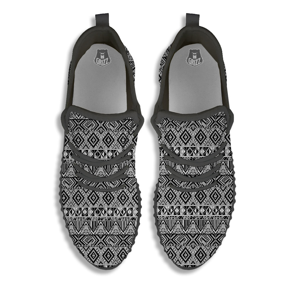 Aztec Ethnic White And Black Print Black Walking Shoes-grizzshop