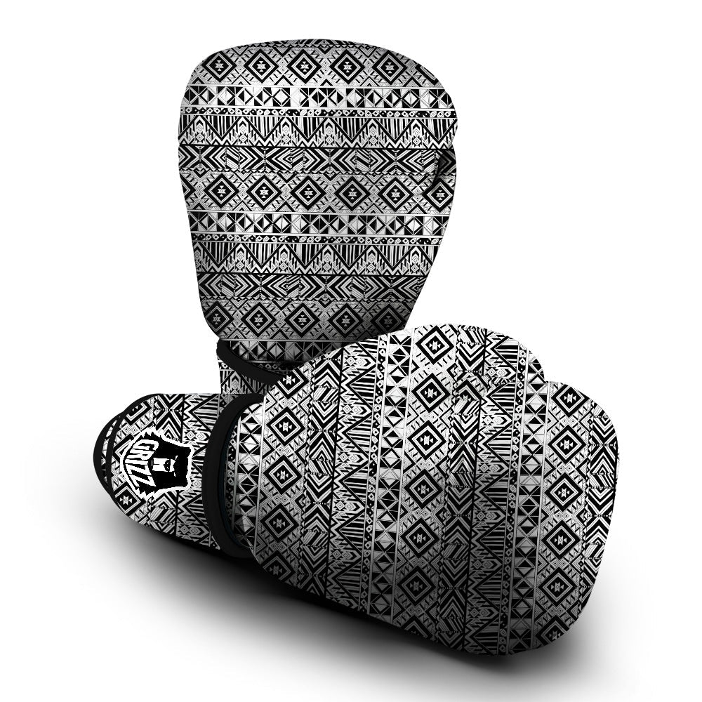 Aztec Ethnic White And Black Print Boxing Gloves-grizzshop
