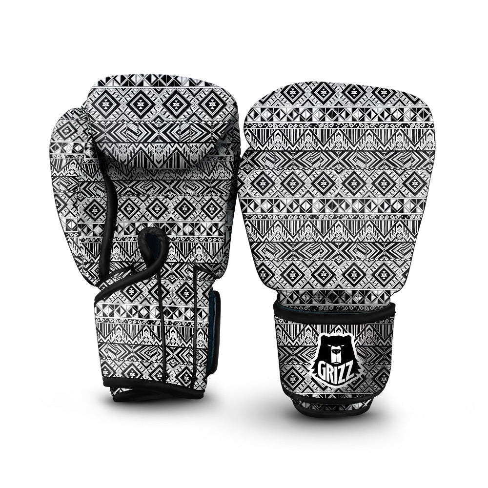 Aztec Ethnic White And Black Print Boxing Gloves-grizzshop