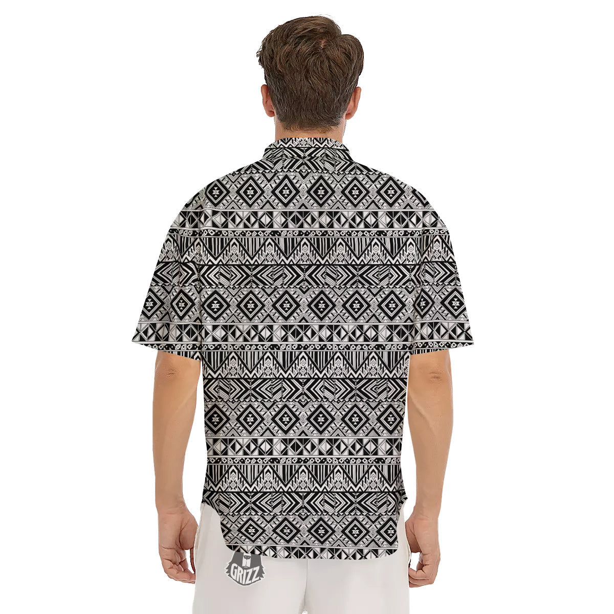 Aztec Ethnic White And Black Print Men's Short Sleeve Shirts-grizzshop