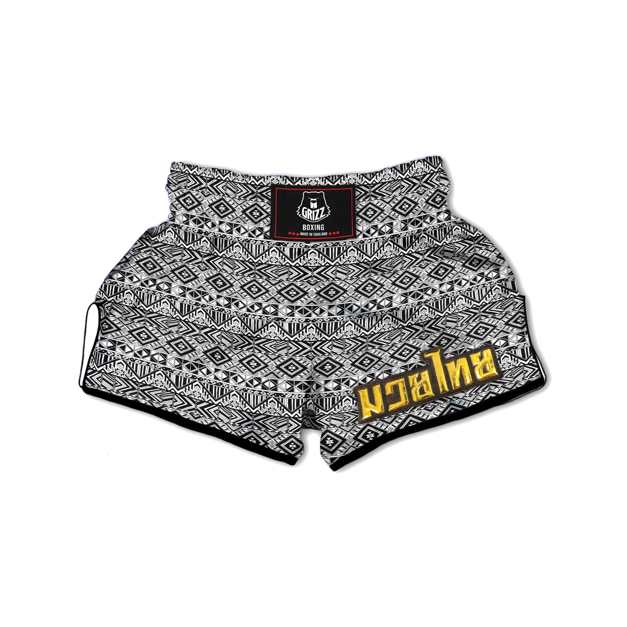 Aztec Ethnic White And Black Print Muay Thai Boxing Shorts-grizzshop