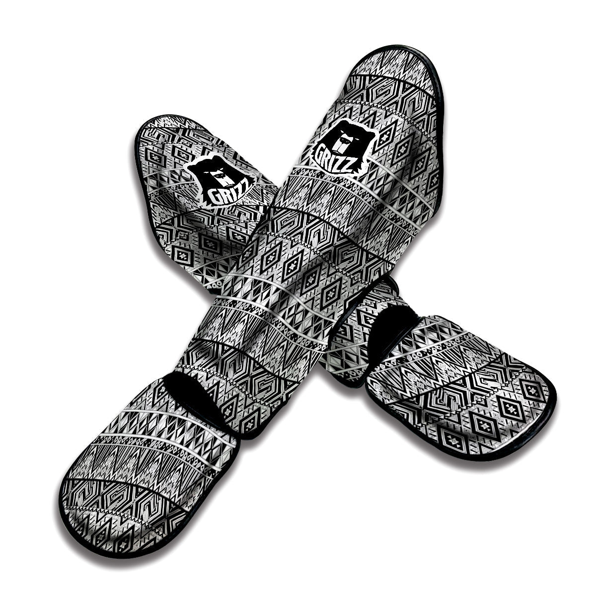 Aztec Ethnic White And Black Print Muay Thai Shin Guards-grizzshop