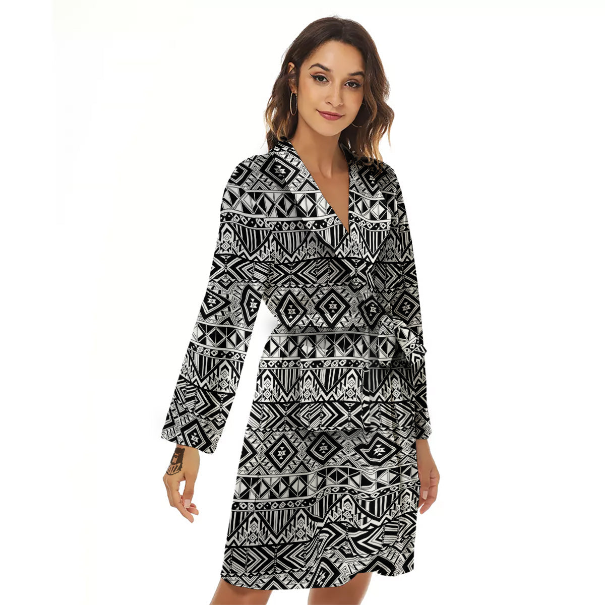 Aztec Ethnic White And Black Print Women's Robe-grizzshop