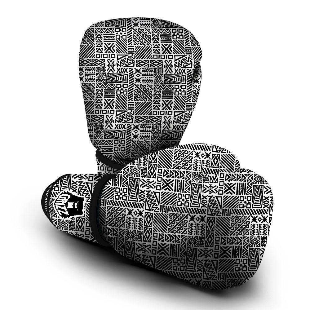Aztec Geometric White And Black Print Boxing Gloves-grizzshop
