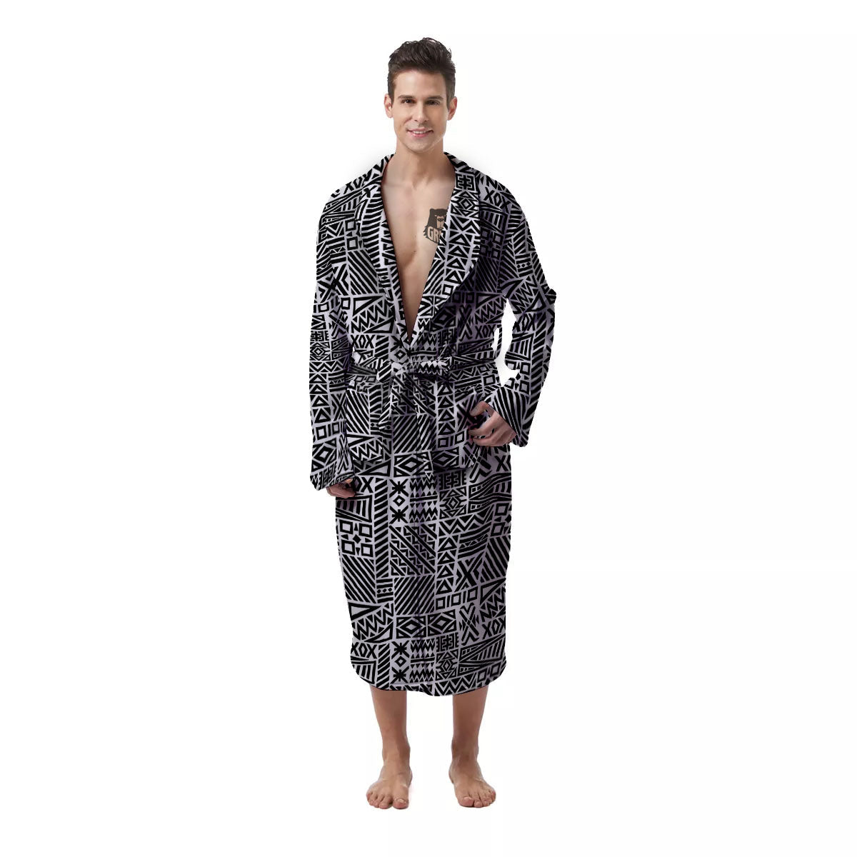 Aztec Geometric White And Black Print Men's Robe-grizzshop