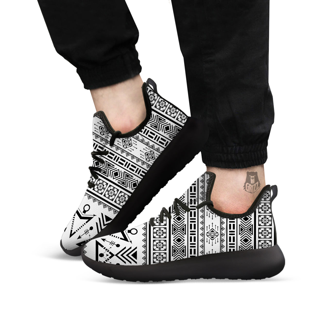 Aztec Grey And White Print Pattern Black Athletic Shoes-grizzshop