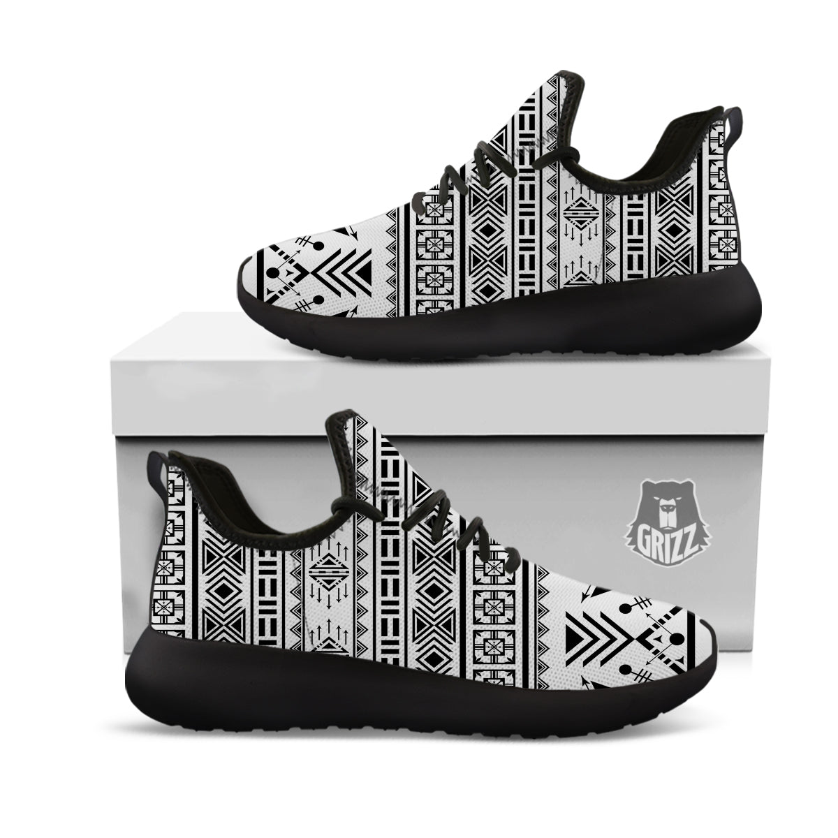 Aztec Grey And White Print Pattern Black Athletic Shoes-grizzshop