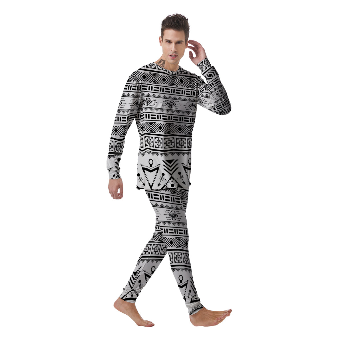 Aztec Grey And White Print Pattern Men's Pajamas-grizzshop