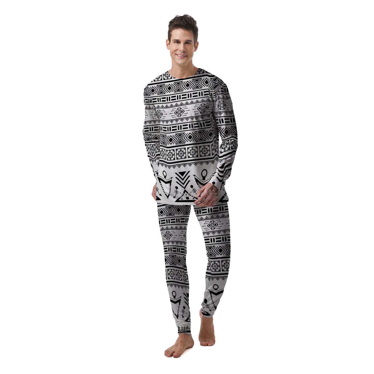 Aztec Grey And White Print Pattern Men's Pajamas-grizzshop