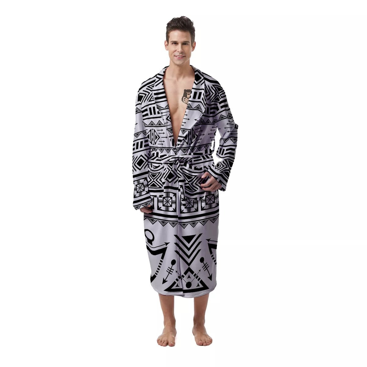 Aztec Grey And White Print Pattern Men's Robe-grizzshop