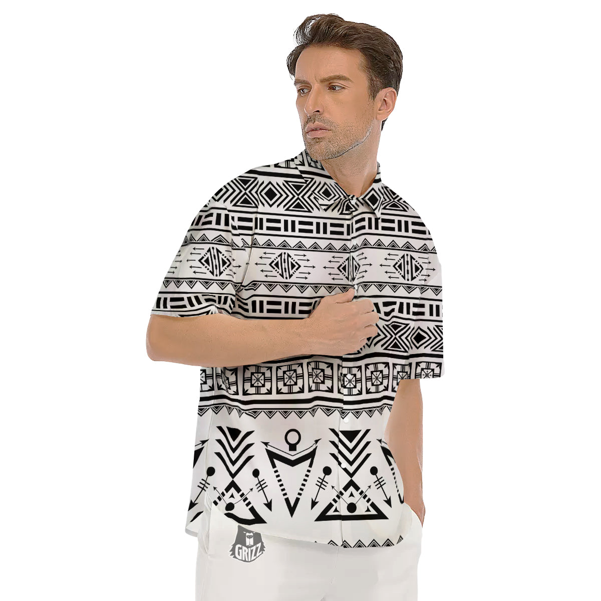 Aztec Grey And White Print Pattern Men's Short Sleeve Shirts-grizzshop