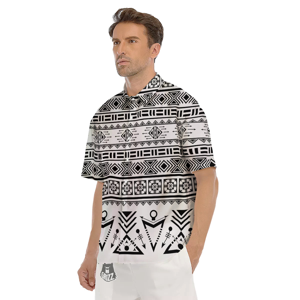 Aztec Grey And White Print Pattern Men's Short Sleeve Shirts-grizzshop