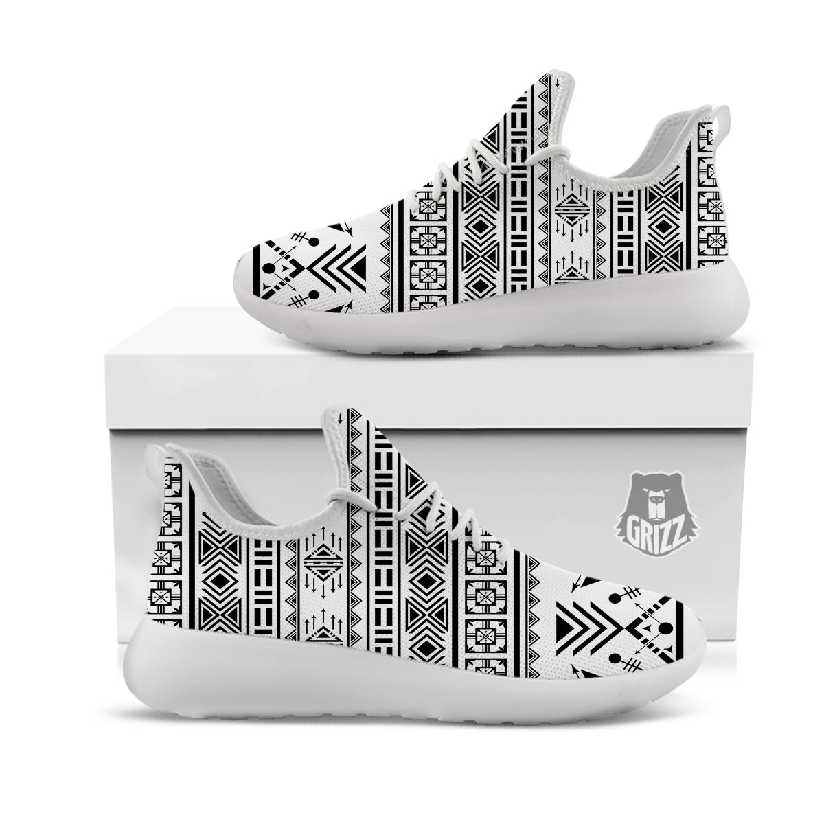 Aztec Grey And White Print Pattern White Athletic Shoes-grizzshop