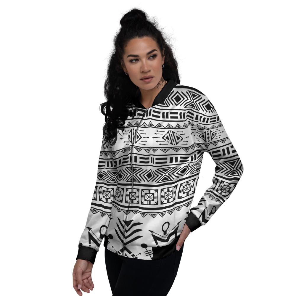 Aztec Grey And White Print Pattern Women's Bomber Jacket-grizzshop