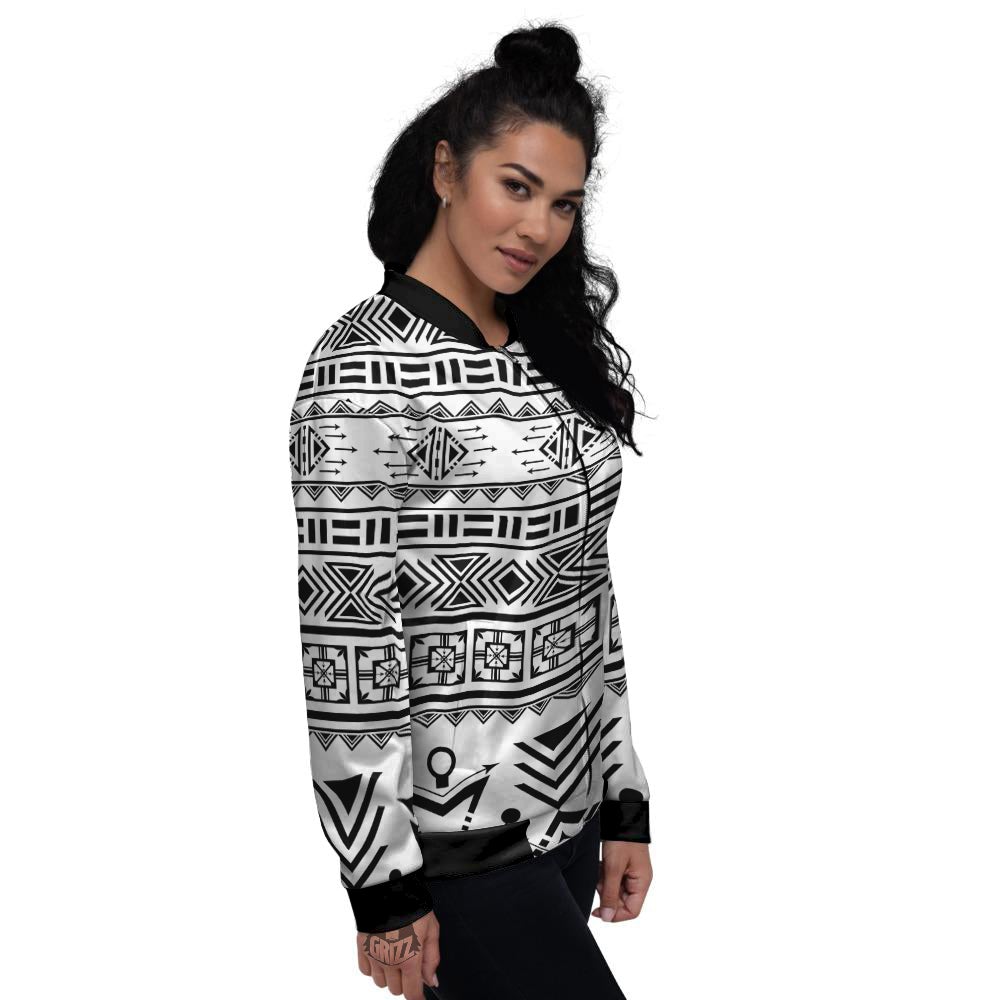 Aztec Grey And White Print Pattern Women's Bomber Jacket-grizzshop