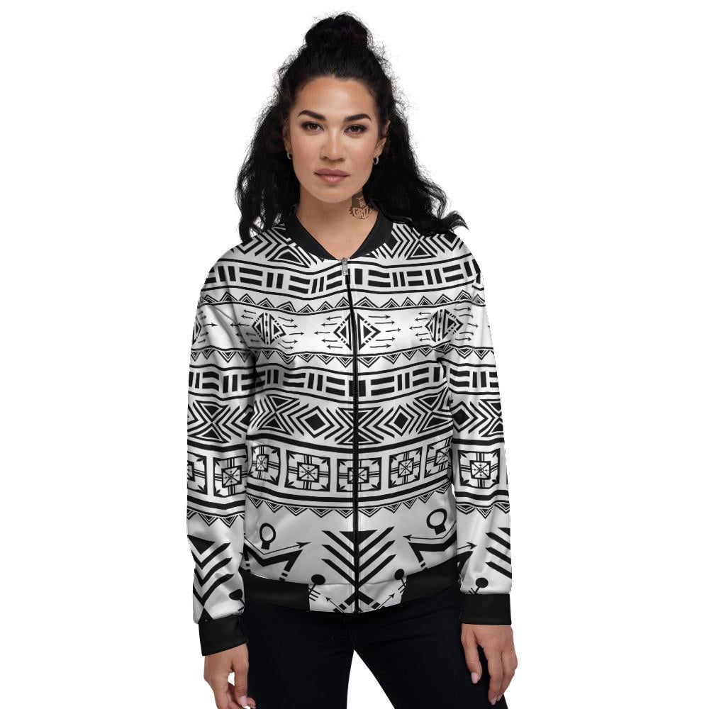 Aztec Grey And White Print Pattern Women's Bomber Jacket-grizzshop