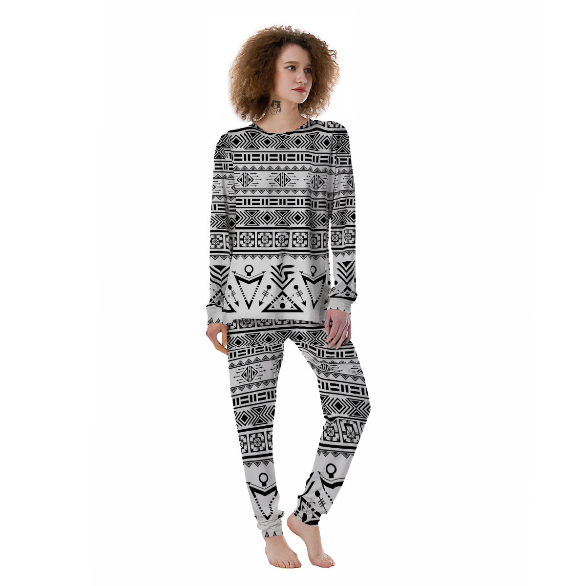 Aztec Grey And White Print Pattern Women's Pajamas-grizzshop