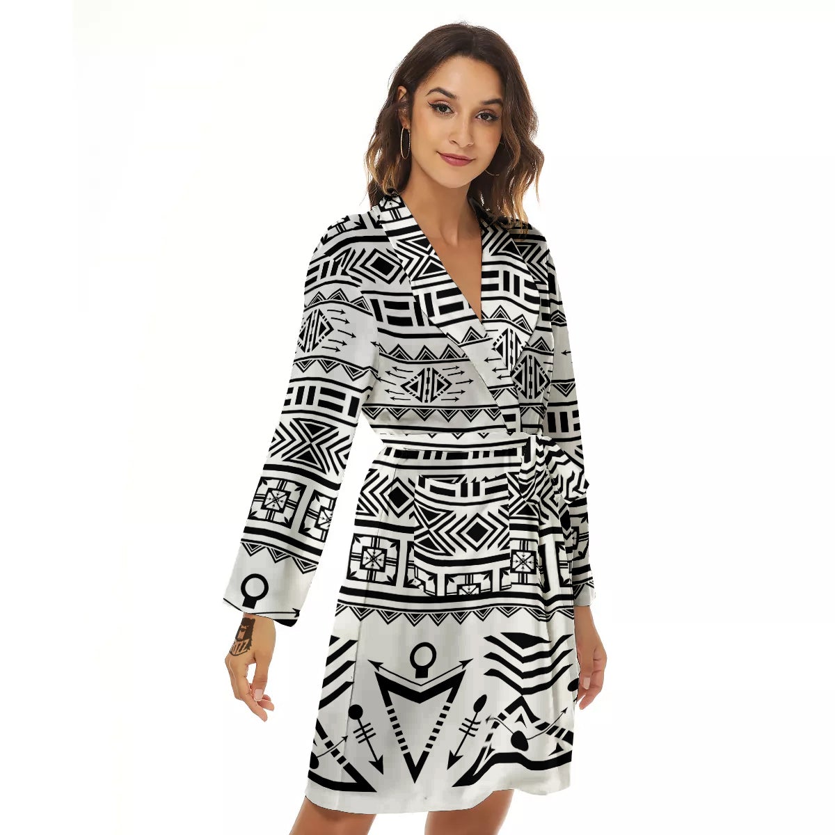 Aztec Grey And White Print Pattern Women's Robe-grizzshop