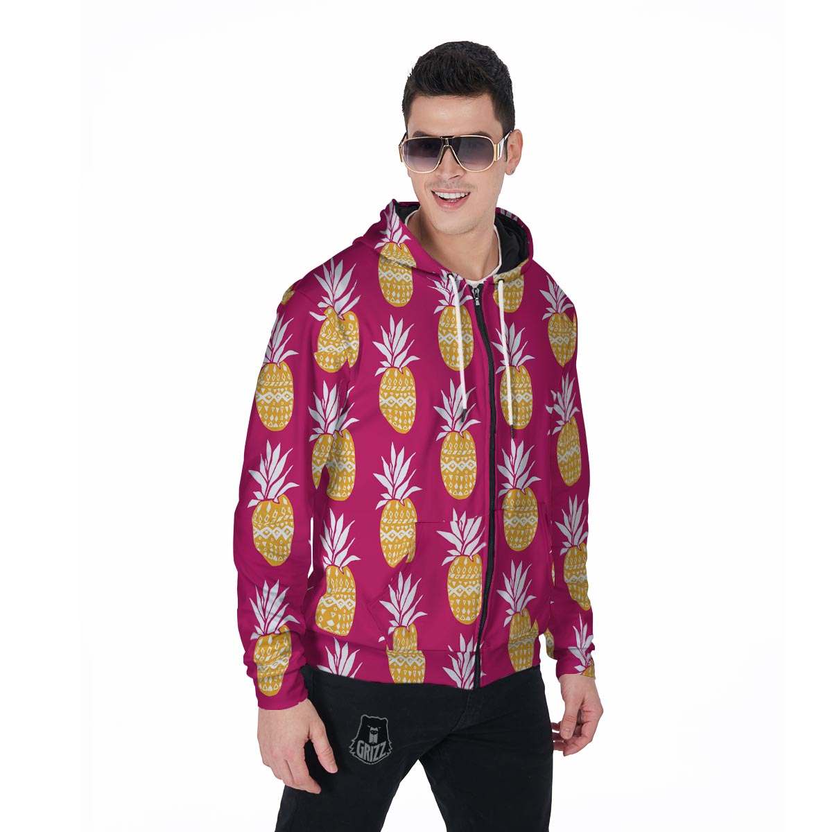 Aztec Hawaiian Pineapple Print Men's Zip Up Hoodie-grizzshop