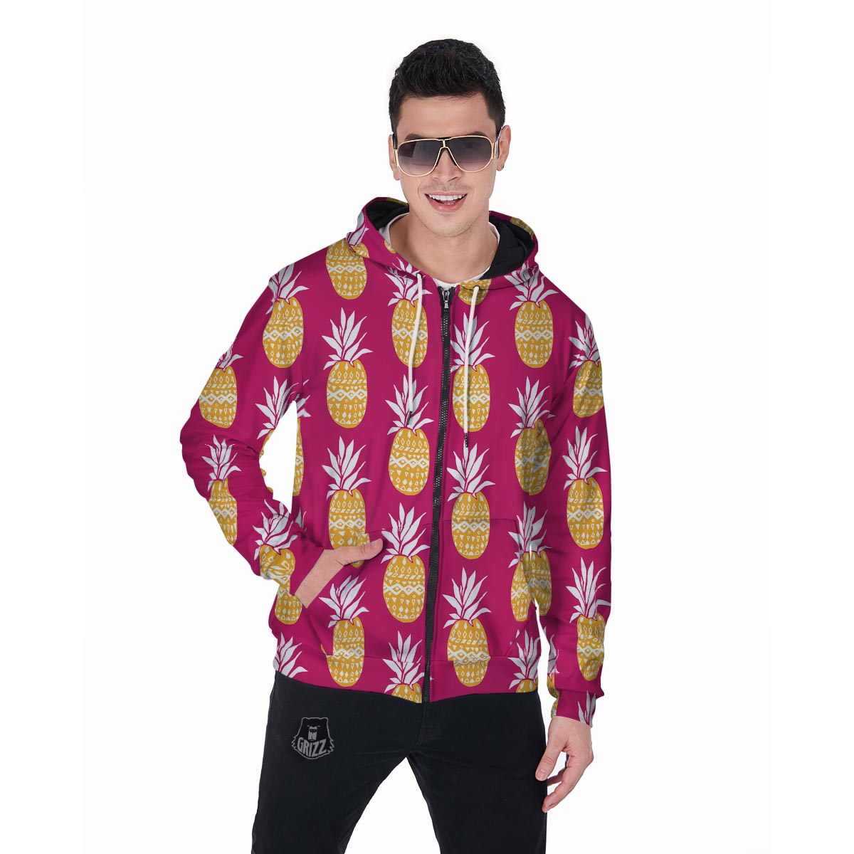 Aztec Hawaiian Pineapple Print Men's Zip Up Hoodie-grizzshop