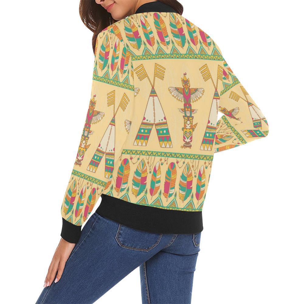 Aztec Indians Navajo Tribal Native American Print Women Casual Bomber Jacket-grizzshop