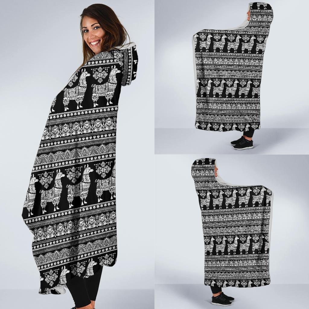 Aztec Llama Pattern Print Hooded Blanket-grizzshop