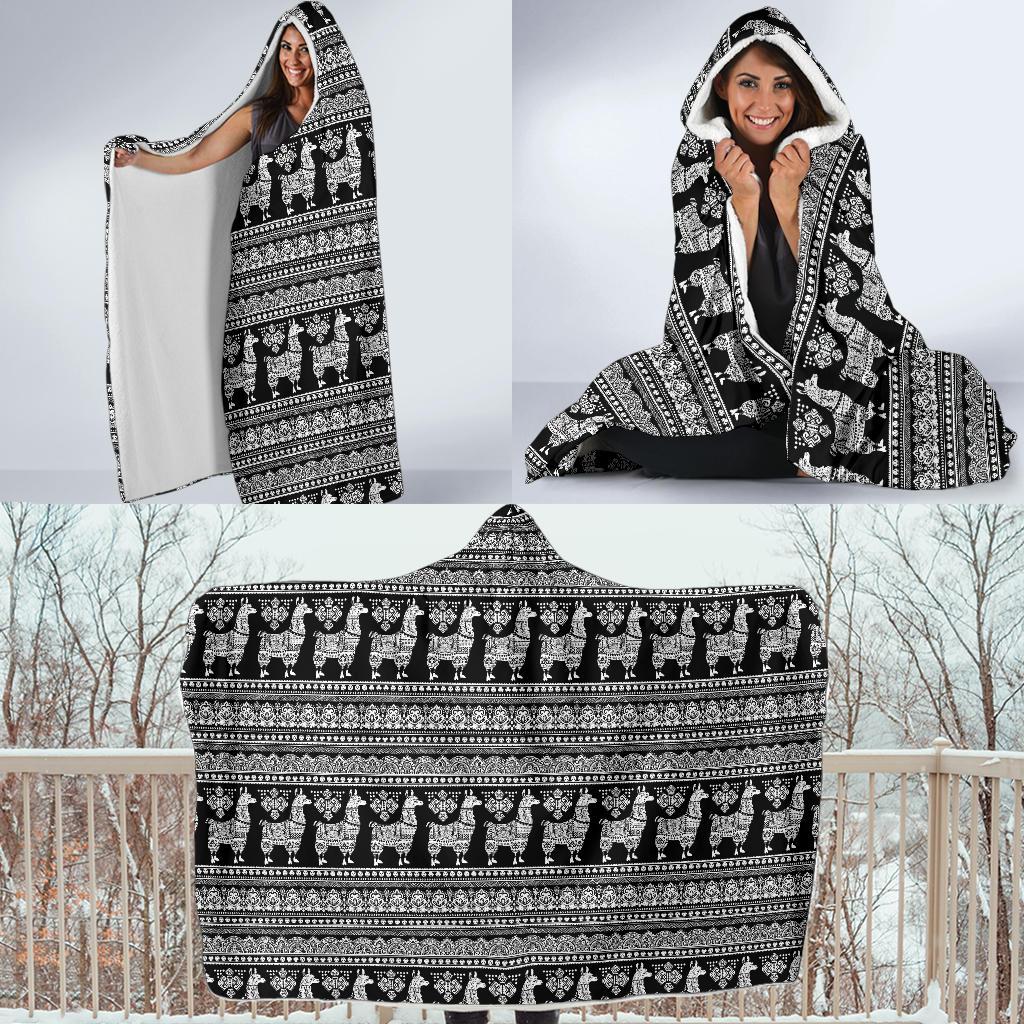 Aztec Llama Pattern Print Hooded Blanket-grizzshop