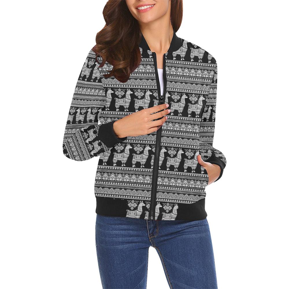 Aztec Llama Pattern Print Women Casual Bomber Jacket-grizzshop