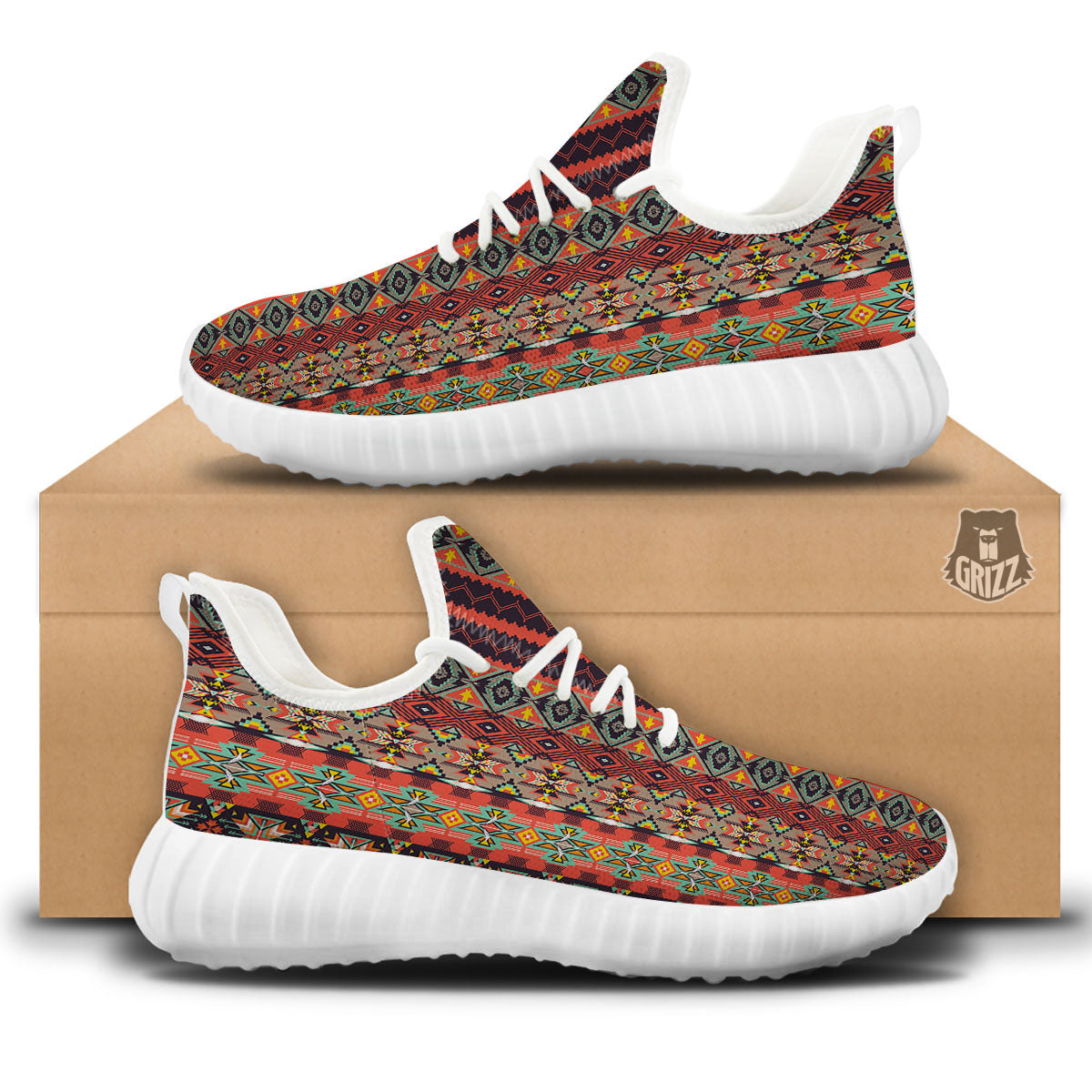 Aztec Native Tribal Print Pattern White Walking Shoes-grizzshop