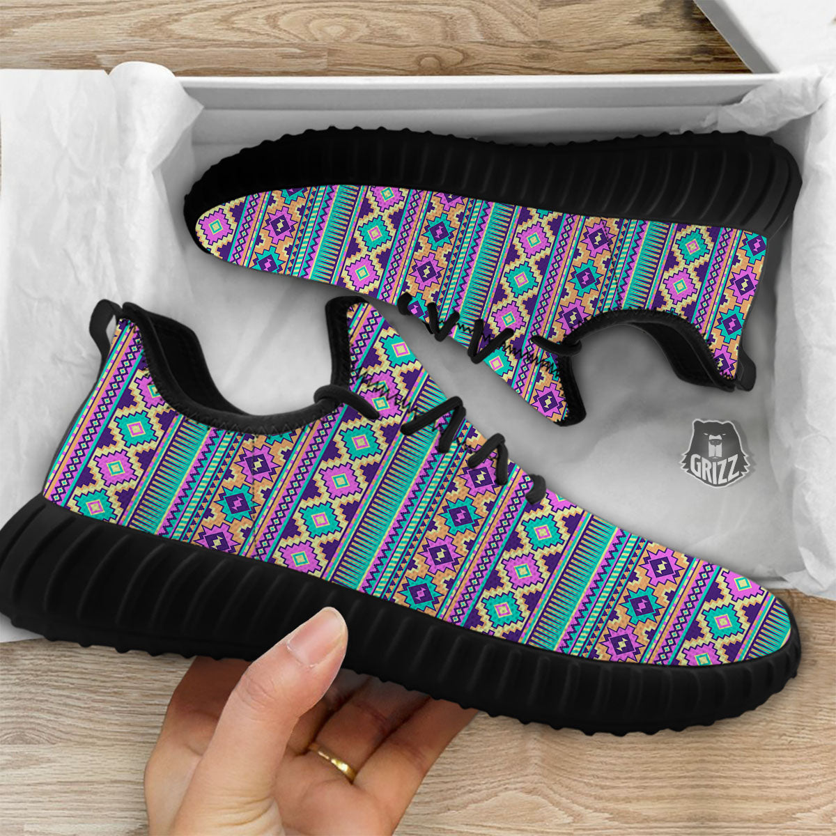 Aztec Neon Native Print Pattern Black Walking Shoes-grizzshop