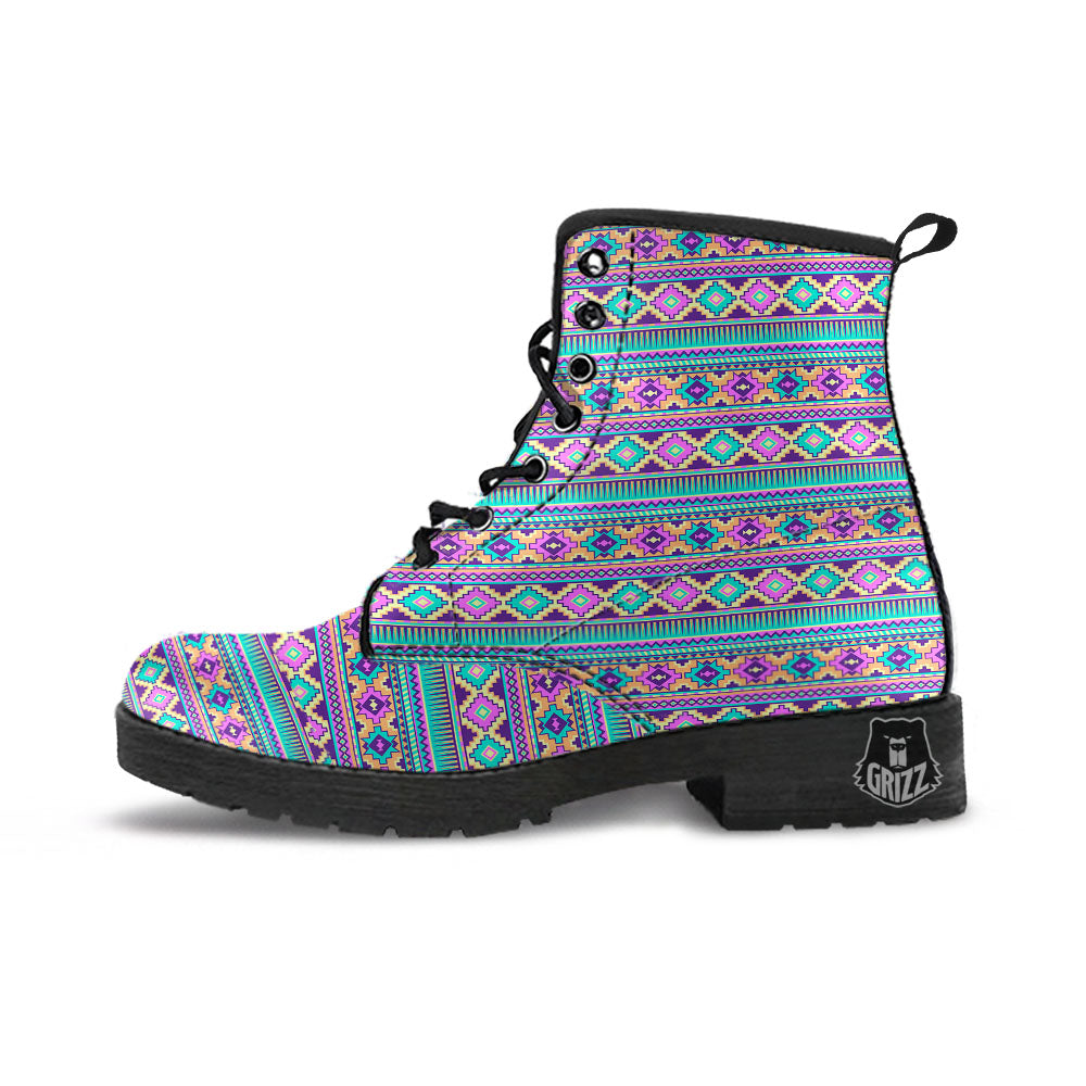 Aztec Neon Native Print Pattern Leather Boots-grizzshop